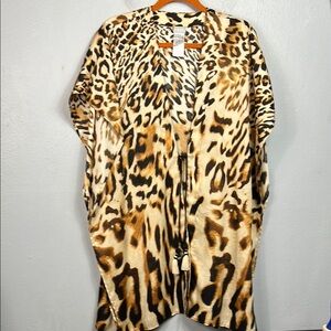 Chico’s Animal Print Tassel Tie Open Front Swimsuit Coverup Kimono S/M